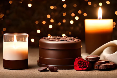 AI generated image of a romantic scene of a red rose with chocolate and candlelightの素材