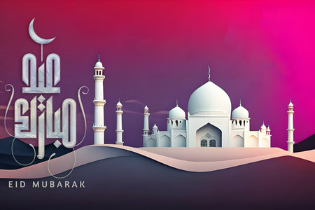 AI generated image of a mosque and the text EID MUBARAK in arabic, Eid is a celebration for Muslim after one month of fasting and for Hajの素材