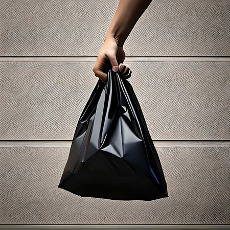 Generative AI image of a hand holding a black plastic bag. Some bad Muslim cheated fasting by putting food in black bagの素材