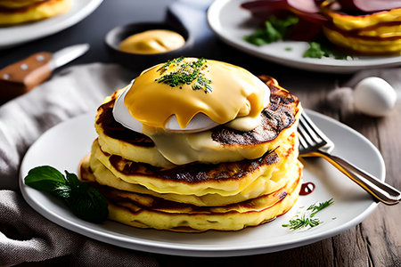 Generative AI image of the egg benedict pancakes. Pancakes are popular breakfast around the worldの素材