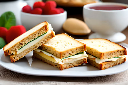 Generative AI image of the finger or tea sandwich. It may be a long, narrow sandwich, a triangular half-sandwich, or a small biscuitの素材