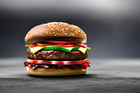 Generative AI image of the hamburger, or simply burger, is a sandwich consisting of fillings, usually a patty of ground meat, placed inside a sliced bun or bread rollの素材