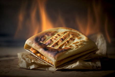 Generative AI image of the roti bakar, a type of sandwich popular in South East Asia, is toast bread with jam and butter spreadの素材