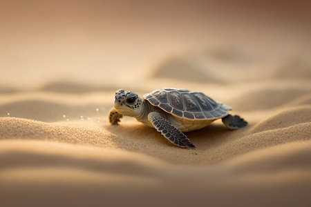 Generative AI image of baby sea turtle on the beach moving towards the ocean. Sea turtles are an endangered speciesの素材