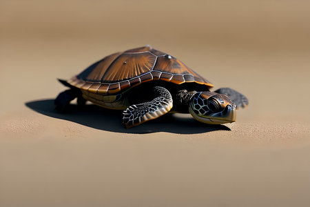 Generative AI image of baby sea turtle on the beach moving towards the ocean. Sea turtles are an endangered speciesの素材