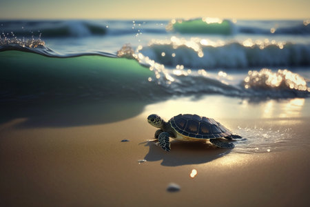 Generative AI image of baby sea turtle on the beach moving towards the ocean. Sea turtles are an endangered speciesの素材