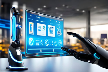 Generative AI image of a human hand on a touchscreen panel showing icons and buttonsの素材