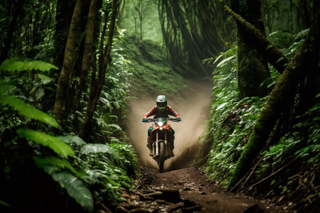 Generative AI image of a dirt bike going through a dense jungle with cloud of smokes in the backgroundの素材