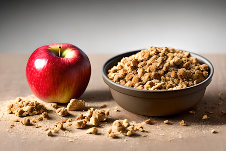 Generative AI image of the apple crumble, a delicious dessert that typically consists of baked apples topped with a mixture of butter, flour, and sugar, forming a crispy, crumbly crustの素材