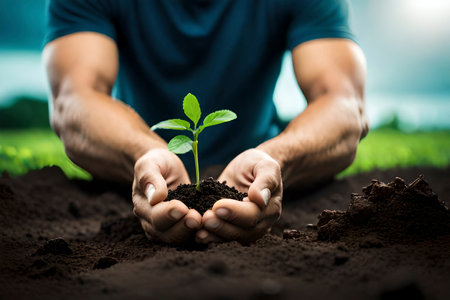 Generative AI image of hands planting a young tree for reforestation projectの素材