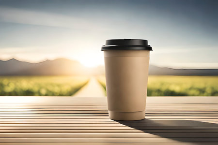 Generative AI image of take away cup of hot coffee. Coffee is the favourite drinks in the morning to start the dayの素材