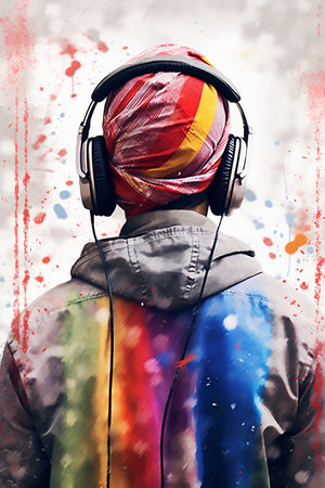 Generative AI image of back view of the head of a middle eastern man wearing the headphone. Headphone has become an essential accessory for teenagersの素材