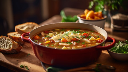 Generative AI image of Minestrone, a hearty Italian vegetable soup that is typically made with a variety of seasonal vegetablesの素材