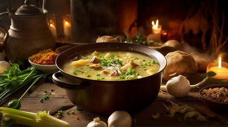 Generative AI image of vichyssoise soup, a type of soup that is typically made from pureed leeks, onions, potatoes, cream, and chicken or vegetable brothの素材