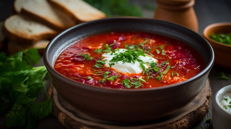 Generative AI image of Borscht soup, a traditional soup dish that originated in Eastern Europe. It is a sour soup that is made with beets as the main ingredientの素材