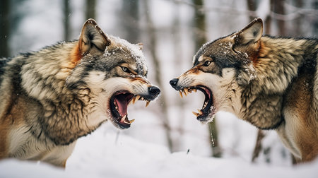 Generative AI image of two alpha male wolves in a fight with each other to defend their pack.の素材