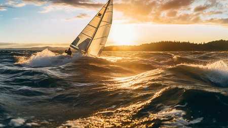 Generative AI image of a single windsurfer enjoying the waves. Windsurfing is a surface water sport that combines elements of both sailing and surfing.の素材