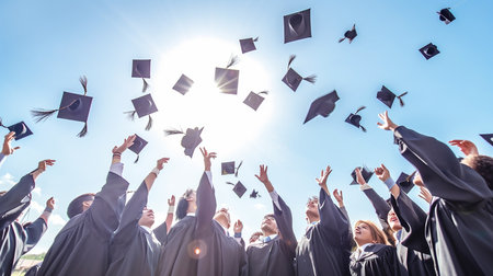 Generative AI image of a group of students tossing their graduation hats into the air. Graduation marks the end of a student formal educationの素材