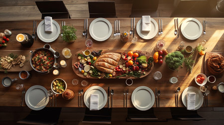 Generative AI image of Generative AI image of a dinner table setting from above that is simple, minimalist, and airy for a familyの素材