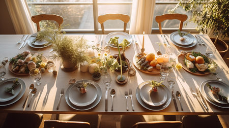 Generative AI image of a dinner table setting from above that is simple, minimalist, and airy for a familyの素材