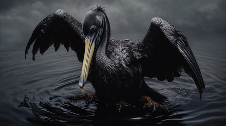 Generative AI image of a pelican in agony as its body is covered in oil sludge from spill in the ocean. This is a result of pollutionの素材