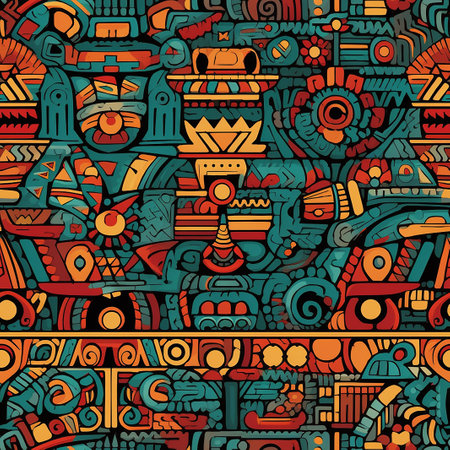 Generative AI image of Aztec-inspired design tile displays rich motifs and bold colors. It captures the essence of the culture, blending history and contemporary aesthetics.の素材