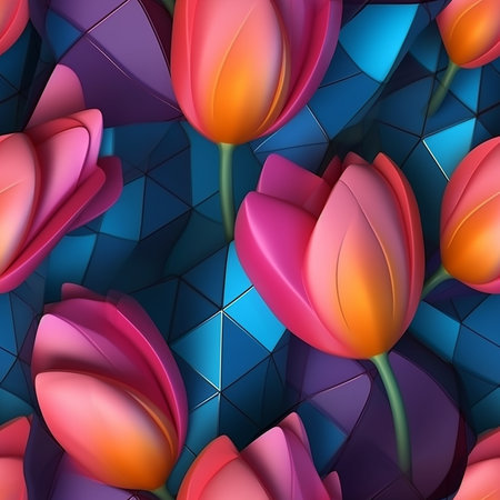 Generative AI image of tulip-inspired design tile showcases delicate petals and vibrant colors, bringing the elegance and beauty of tulips to spaces, creating floral oasis of charm and sophisticationの素材