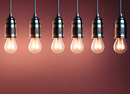Generative AI image of a mesmerizing row of hanging light bulbs, radiating brilliance, showcasing creativity, and illuminating the path of endless possibilities.の素材