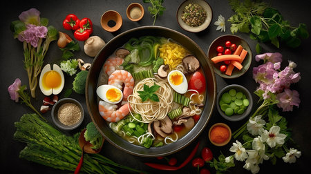 Generative AI image of Ramen: A soul-satisfying Japanese masterpiece, featuring a bowl of steaming broth infused with umami flavors, adorned with springy noodles, slices of meat, and bamboo shootsの素材
