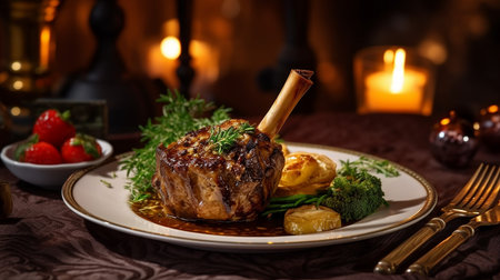 Generative AI image of a mouthwatering serving of lamb shank, tender and succulent, accompanied by aromatic herbs and a rich, savory sauce.の素材