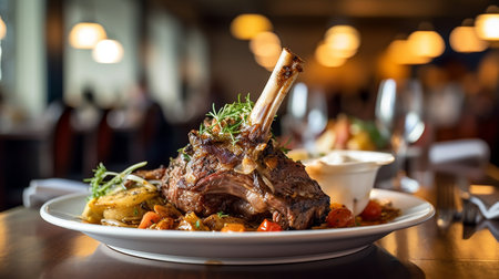 Generative AI image of a mouthwatering serving of lamb shank, tender and succulent, accompanied by aromatic herbs and a rich, savory sauce.の素材