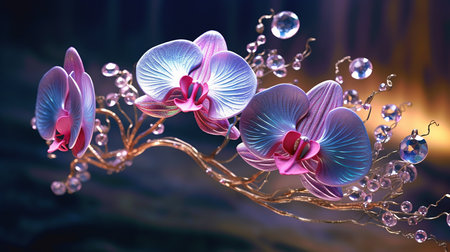 Generative AI image of captivating crystal orchids, their exquisite petals sculpted from shimmering gemstones, each a radiant masterpiece reflecting nature's delicate artistry and captivating grace.の素材