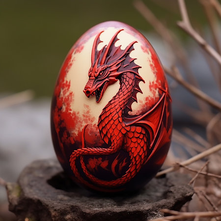Generative AI image of a captivating egg, its surface adorned with a fierce red dragon, emanating power and majesty, an embodiment of mythical strength and ancient legends.の素材