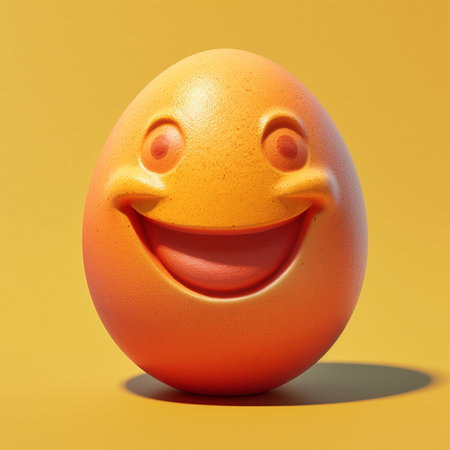 Generative AI image of a delightful egg, playfully painted with a bright smiley face, radiating positivity, happiness, and a touch of whimsy, spreading joy to all who behold it.の素材