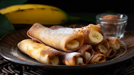 Generative AI image of scrumptious Baked Cinnamon Sugar Banana Spring Rolls, a delightful dessert treat with warm bananas, sweet cinnamon, and a crispy golden shellâpure bliss for your taste buds.の素材