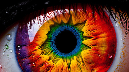 Generative AI image of a mesmerizing human eye, its iris adorned with vibrant hues, capturing the essence of beauty and endless possibilities.の素材