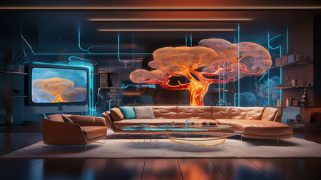 Generative AI image of a futuristic concept of the living room: A harmonious blend of organic and technological elements, featuring interactive holographic displays, adaptive smart furnitureの素材