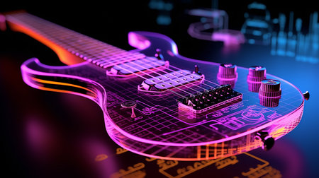 Generative AI image of a 3D wireframe projection of an electric guitar, showcasing its iconic body shape and fretboard in intricate detail.の素材