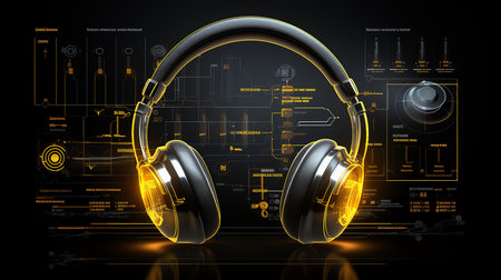 Generative AI image of a 3D wireframe projection of a headphone, showcasing its sleek and minimalist design with emphasis on the ear cups and headband.の素材