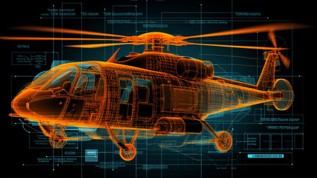 Generative AI image of a 3D wireframe projection of a helicopter, capturing its rotor blades, fuselage, and landing gear with precision and elegance.の素材