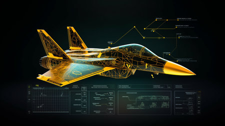 Generative AI image of a 3D wireframe projection of a fighter jet, illustrating its sleek aerodynamic form with sharp edges and powerful engines.の素材