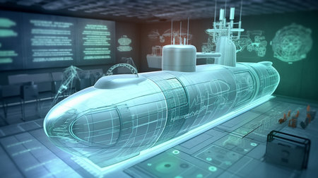 Generative AI image of a 3D wireframe projection of a submarine, revealing its streamlined hull, periscope, and intricate details that allow it to navigate the ocean with precision and stealth.の素材