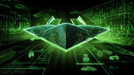 Generative AI image of a 3D wireframe projection of a stealth bomber, showcasing its sleek and angular design with hidden surfaces for reduced radar detection, cutting-edge military technology.の素材