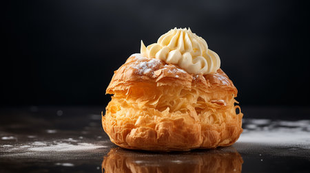 Generative AI image of Choux au Craquelin: A delectable display of choux pastry puffs, their crackling sugar-coated shells encasing a luscious cream filling. Pure culinary temptation awaits.の素材