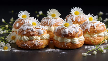 Generative AI image of Choux au Craquelin: A delectable display of choux pastry puffs, their crackling sugar-coated shells encasing a luscious cream filling. Pure culinary temptation awaits.の素材
