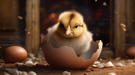 Generative AI image of a baby chick emerging from its fragile shell, bathed in warm light, embracing the world with curiosity and newfound life.の素材