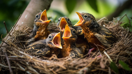 Generative AI image of a nest brimming with famished bird hatchlings, their mouths wide open, eagerly awaiting a meal from their parents.の素材