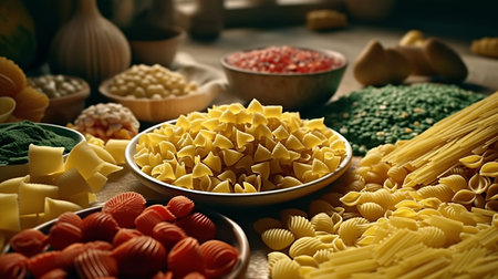 Generative AI image of vibrant pasta medley showcasing a delightful assortment of spaghetti, penne, fusilli, and farfalle in a tantalizing arrangement.の素材