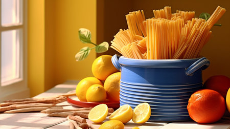 Generative AI image of uncooked linguine pasta, featuring long, slender strands with a smooth texture, begging to be cooked al dente and paired with flavorful seafood or creamy saucesの素材