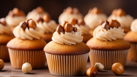 Generative AI image of a heavenly hazelnut cupcake, boasting a moist hazelnut-infused sponge, crowned with a velvety hazelnut buttercream, and adorned with crushed roasted hazelnuts, a nutty delightの素材